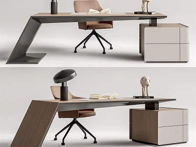Minimalist Modern Wooden Desk With Chair Cabinet Lamp And Books 3d model