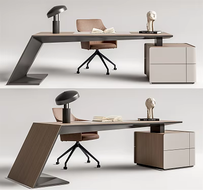 Minimalist Modern Wooden Desk With Chair Cabinet Lamp And Books 3d model