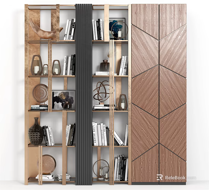 Modern Wooden Decorative Cabinet With Books Decorative Items And Geometric Pattern Design 3d model 