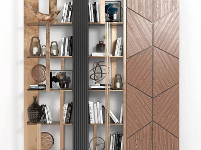 Modern Wooden Decorative Cabinet With Books Decorative Items And Geometric Pattern Design 3d model