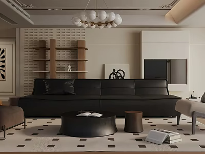 Modern Living Room Interior Design With Black Sofa Round Coffee Table Patterned Rug And Chandelier 3d model