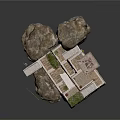 Traditional Tiered Stone Building Constructed on Rock with Steps Platforms and Vegetation
