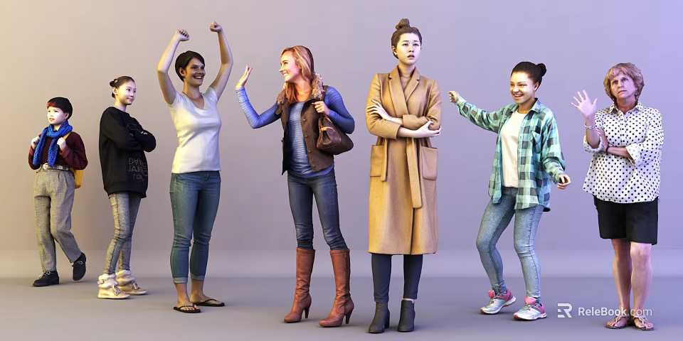 Group of Women in Casual Outfits with Various Poses and Expressions 3d model 