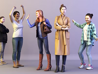 Group of Women in Casual Outfits with Various Poses and Expressions 3d model