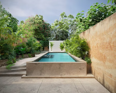Outdoor Courtyard With Concrete Pool Lush Green Plants Palm Trees Yellow Wall Stone Floor Steps 3d model