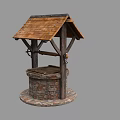 Traditional Well Structure With Wooden Roof Stone Base And Pulley Bucket