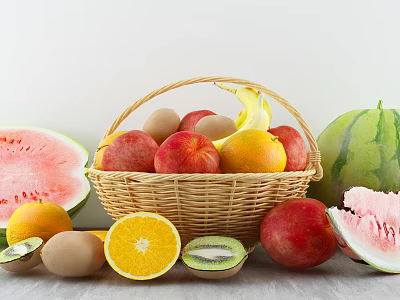 Fresh Assorted Fruits in Wicker Basket with Watermelon Oranges Peaches and Kiwis 3d model