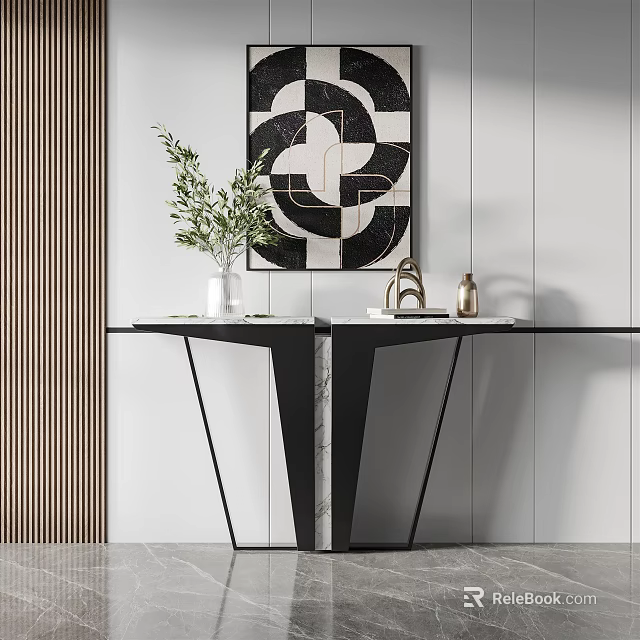 Modern Console Table With Marble Top Green Plant In Vase And Decorative Painting 3d model 