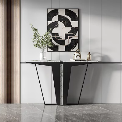 Modern Console Table With Marble Top Green Plant In Vase And Decorative Painting 3d model