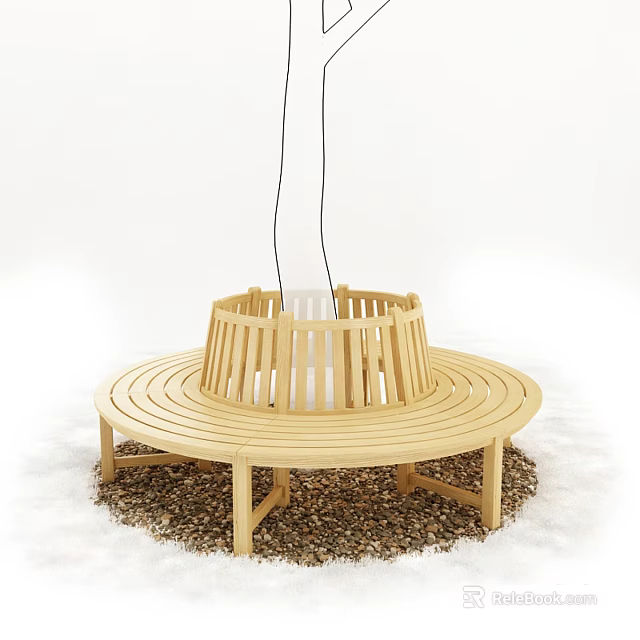 Wooden Round Design Outdoor Chair With Circular Seating And Natural Pebble Surround 3d model 
