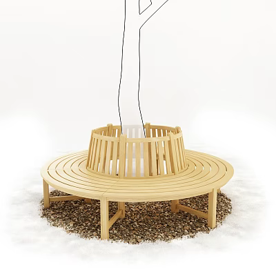 Wooden Round Design Outdoor Chair With Circular Seating And Natural Pebble Surround 3d model