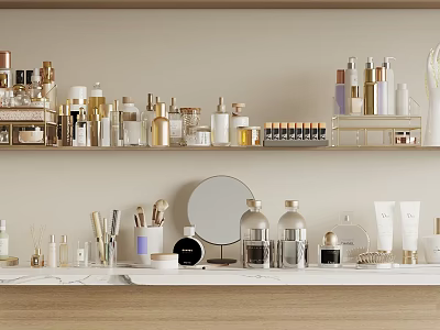 Chic Cosmetics And Perfumes Display On Vanity Shelves And Counter 3d model