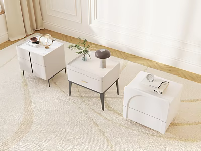 White Display Shelves With Drawers Countertops And Decorations In Carpeted Room Wooden Floor 3d model
