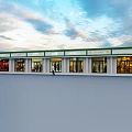 Commercial Street With Green And White Facade Glass Windows And Decorative Storefronts