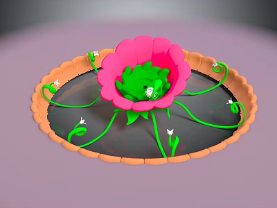 Game Movie Character Near Pink Flower With Green Vines In Orange Basin 3d model