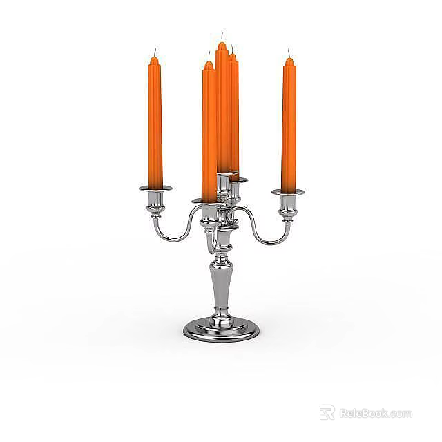 Antique Silver Candelabra With Orange Candles And Classical Multiple Branches Design 3d model 