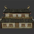 Two Story Ancient Chinese Building With Tile Roof Eave Decorations Red Lanterns And Wooden Windows