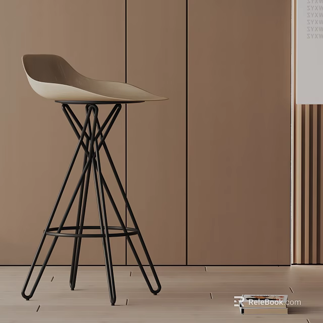 Modern Bar Stool With Beige Seat And Black Metal Frame In Brown Wooden Panel Interior 3d model 