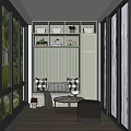 Cozy Home Balcony With Large Windows Striped Wall Green Plants Open Shelves And Window Seat