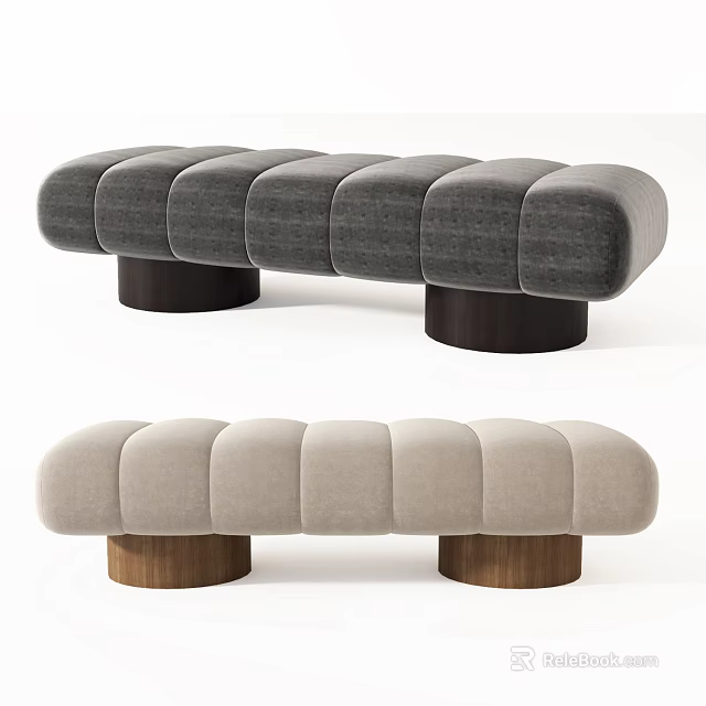 Modern Ottoman with Dark and Light Gray Upholstery Round Cushions and Wooden Cylindrical Legs 3d model 