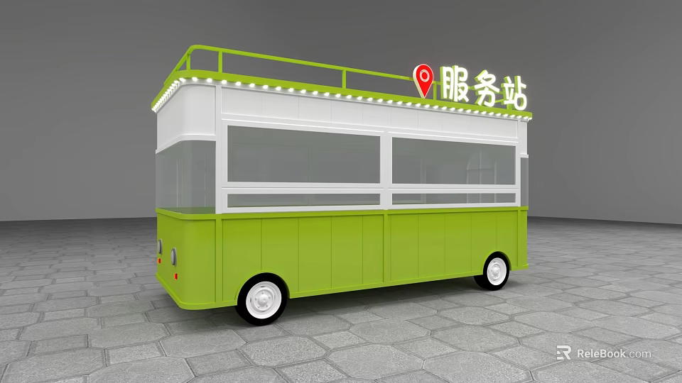 Green Mobile Service Station Vehicle With Open Counter Windows And Roof Lights 3d model 