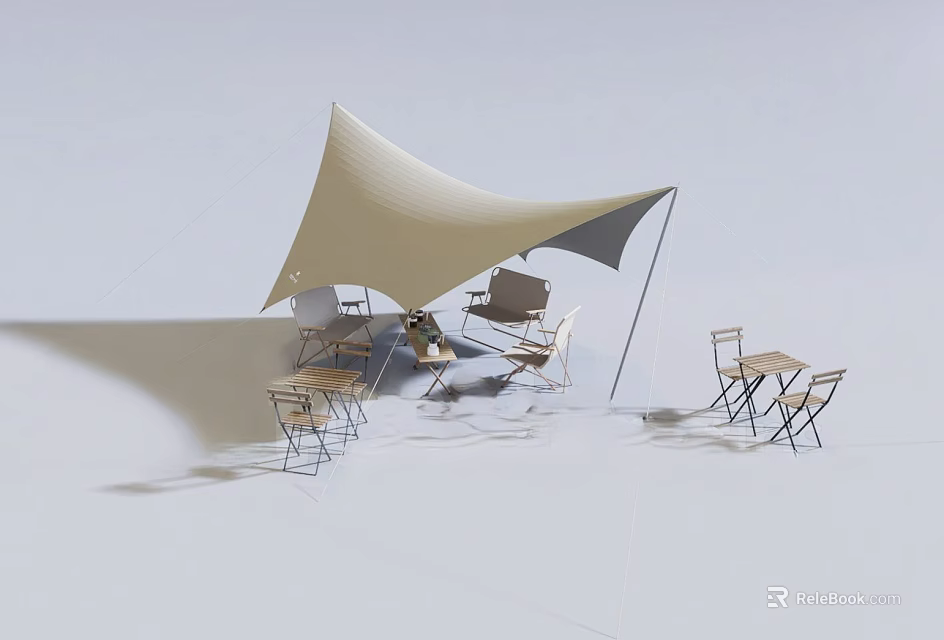 Outdoor Table And Chair Set With Beige Canopy In Modern Seating Area 3d model 