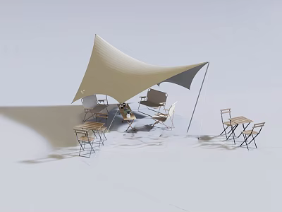 Outdoor Table And Chair Set With Beige Canopy In Modern Seating Area 3d model