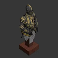 Ornate Knight Armor With Golden Black Decoration On Wooden Display Base