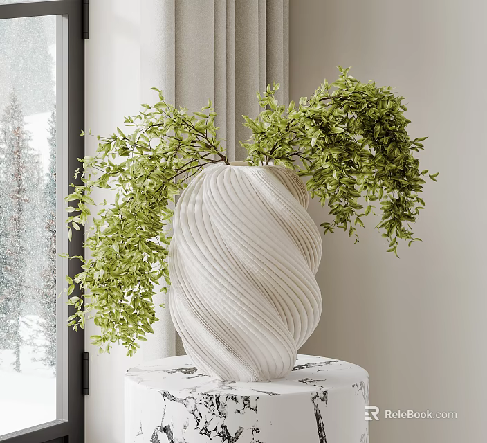 Elegant White Ribbed Vase With Green Foliage On Black And White Patterned Table 3d model 