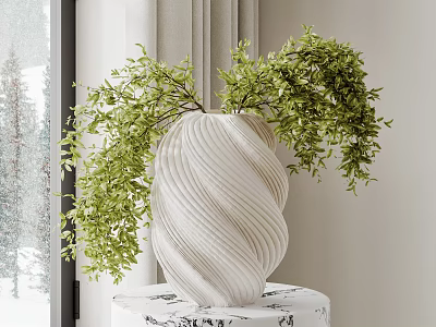 Elegant White Ribbed Vase With Green Foliage On Black And White Patterned Table 3d model