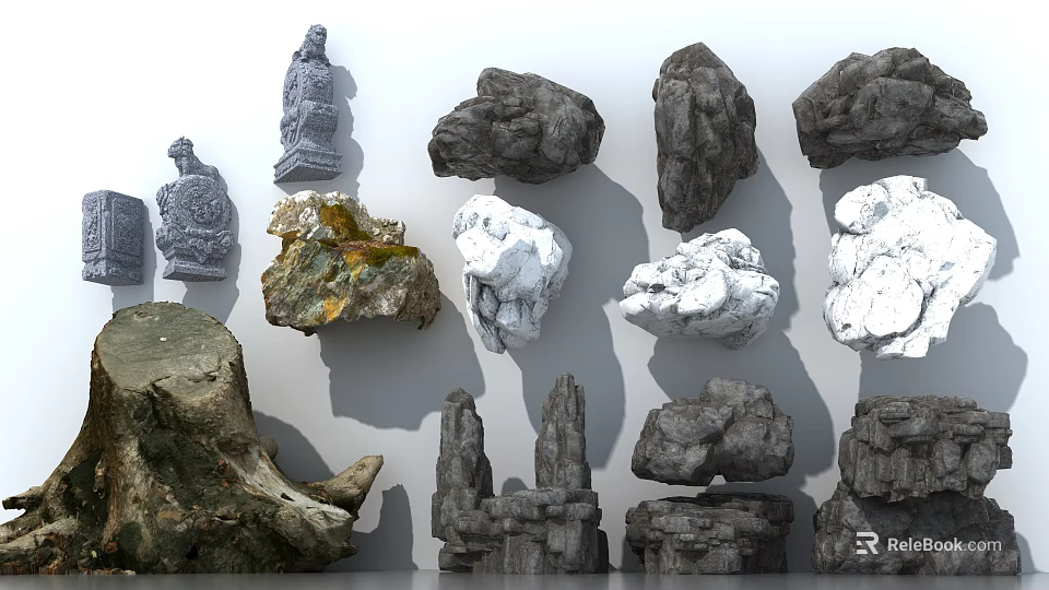 Different Types of Natural Stone and Wood with Diverse Textures and Forms 3d model 