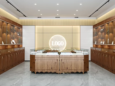 Luxurious Modern Jewelry Store Interior With Wooden Display Cases Glass Counters And Central Showcase 3d model