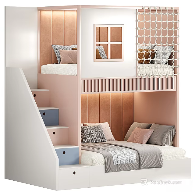 Modern Bunk Bed With Upholstered Panels Storage Stairs Gray Pink Pillows And Net 3d model 