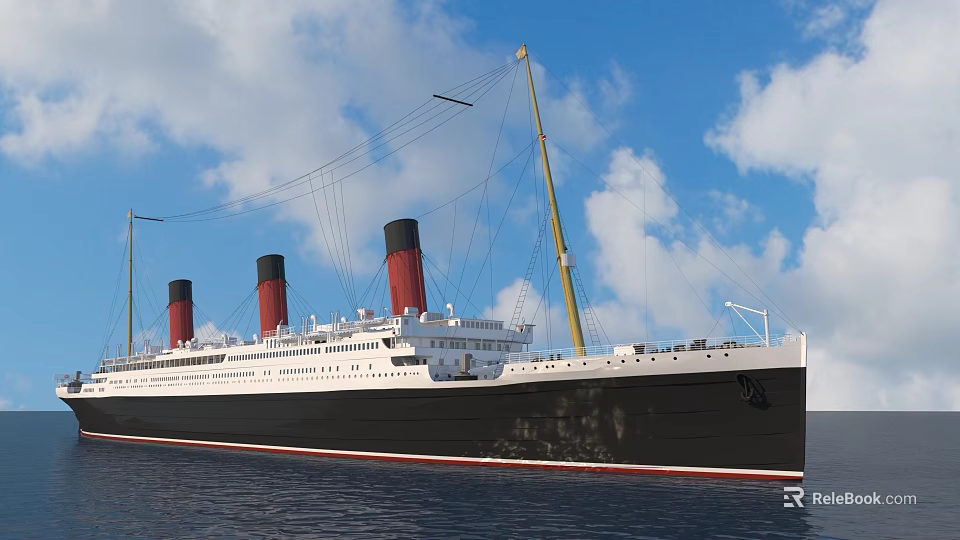 Ocean Liner With Three Funnels Sailing On Blue Sea 3d model 