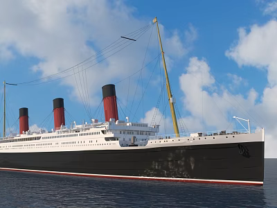 Ocean Liner With Three Funnels Sailing On Blue Sea 3d model