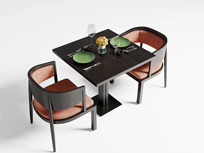 Black Square Dining Set With Brown Upholstered Chairs Green Plates Wine Glass And Yellow Flower 3d model