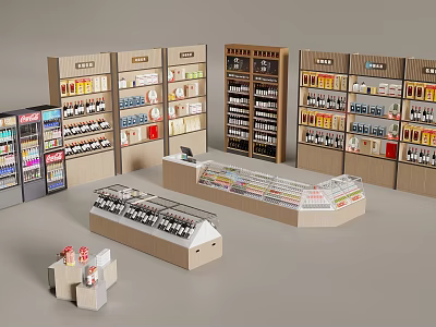 Modern Liquor and Tobacco Store With Organized Shelves Refrigerated Cases and Cashier Counter 3d model