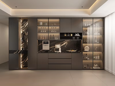 Modern Luxury Wine Cabinet With Glass Doors Marble Countertop And Built in Lighting 3d model