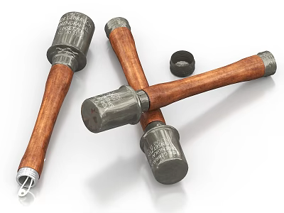 Three Handcrafted Weapon Hammers With Wooden Handles Metal Heads And Detachable Parts 3d model