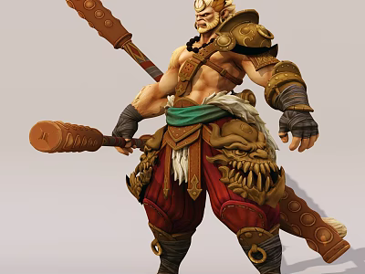 Game Movie Warrior Character With Spiked Mace Golden Armor And Red Pants 3d model
