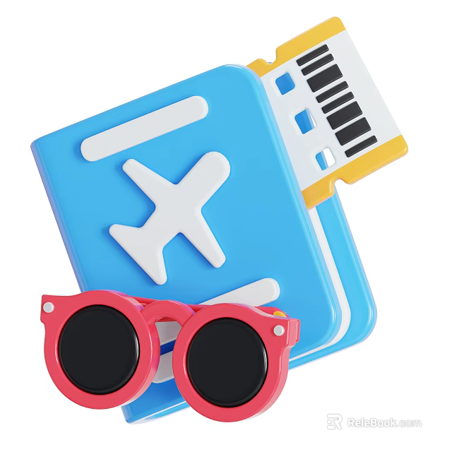Colorful Travel Essentials Including Blue Passport Plane Tickets And Pink Sunglasses 3d model 