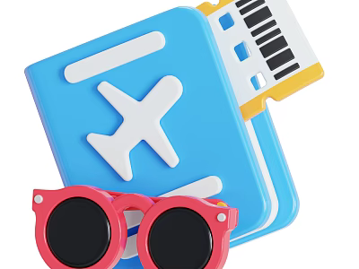Colorful Travel Essentials Including Blue Passport Plane Tickets And Pink Sunglasses 3d model