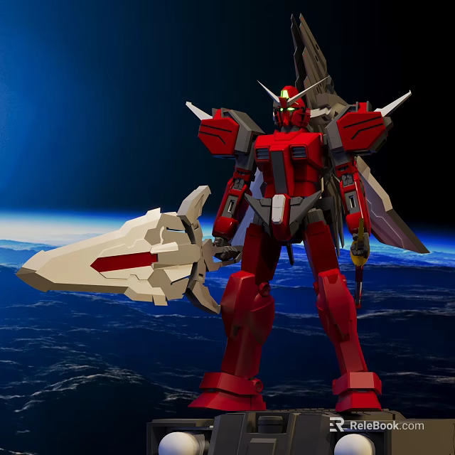 Red Smart Machine Mech Warrior With Large Sword In Space Earth View 3d model 