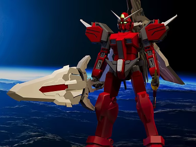 Red Smart Machine Mech Warrior With Large Sword In Space Earth View 3d model