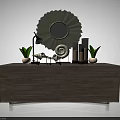 Modern Wooden TV Stand With Decorative Mirror Table Lamp And Potted Plants