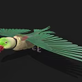 Green Parrot With Spread Green Wings And Red Beak On Black Background