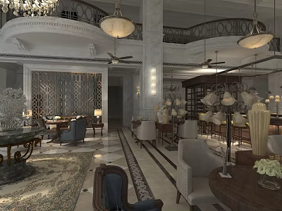 Luxury Sales Office Interior With Chandelier Marble Floor And Sofa Furniture 3d model