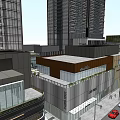 Modern Commercial Street With Glass Facades Sky Bridge And Pedestrian Walkway