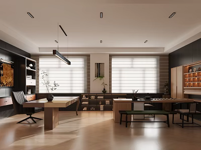 Modern Office Interior With Open Layout Wooden Workstations Large Windows And Pendant Lights 3d model