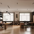 Modern Office Interior With Open Layout Wooden Workstations Large Windows And Pendant Lights